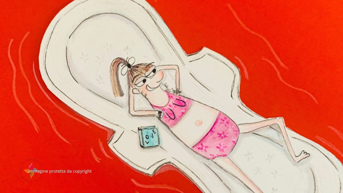 “Illustrazione ironica: ragazza distesa su un assorbente come fosse un materassino. Immagine tratta dal futuro libro illustrato di Daniela Sorrentino.”