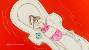 “Illustrazione ironica: ragazza distesa su un assorbente come fosse un materassino. Immagine tratta dal futuro libro illustrato di Daniela Sorrentino.”