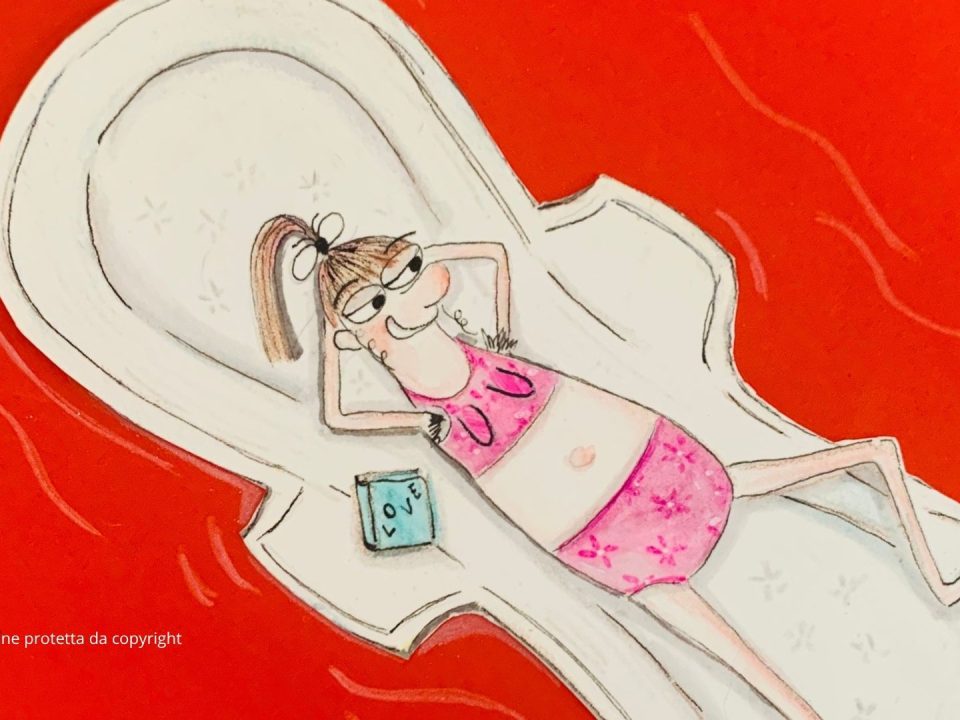 “Illustrazione ironica: ragazza distesa su un assorbente come fosse un materassino. Immagine tratta dal futuro libro illustrato di Daniela Sorrentino.”